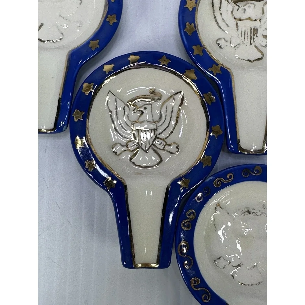Vintage Tabletop Patriotic Lighter Party Ashtray Set Ceramic Glazed Hand Made